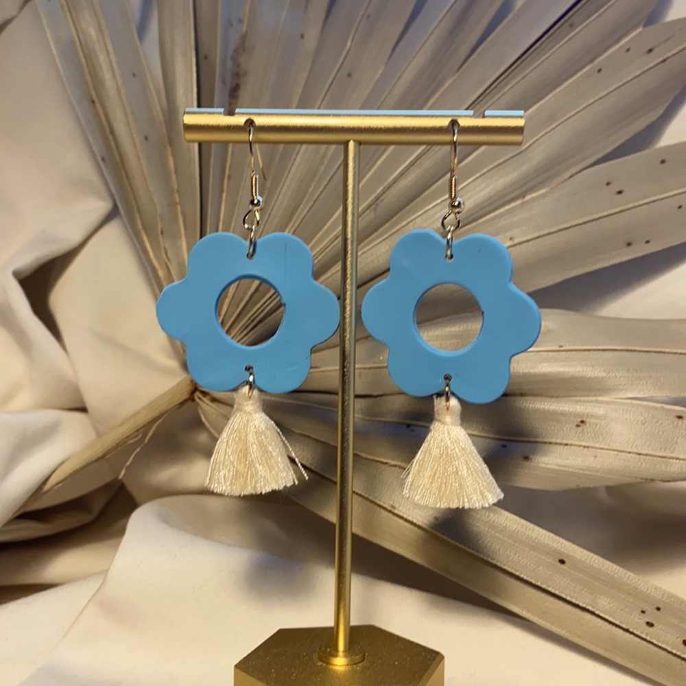 Blue Polymer Clay Earrings with Tassels